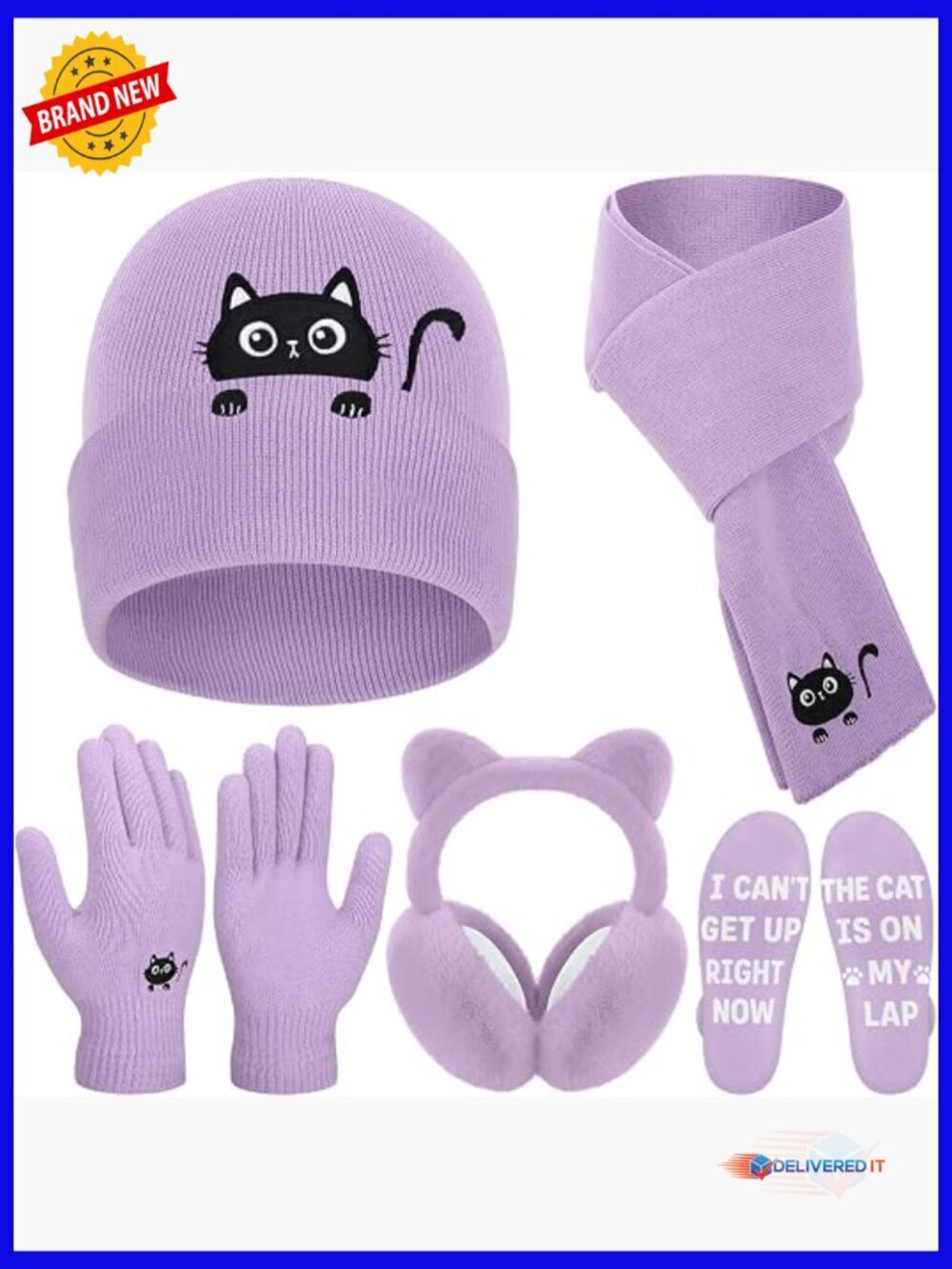 5-Piece Cat Winter Set Beanie Scarf Gloves Earmuffs Socks Knit Warm Gifts